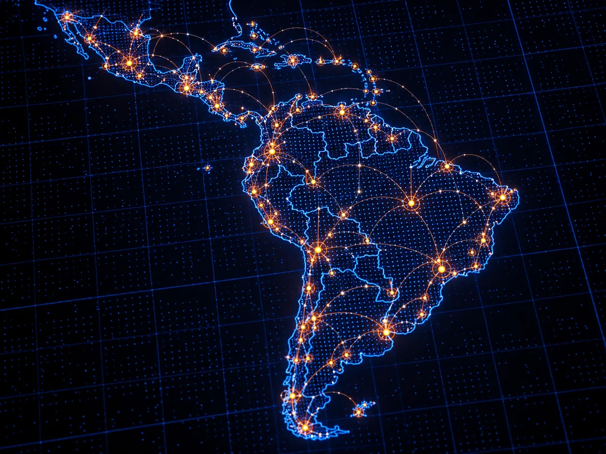 Map of Latin America with glowing connection points between its cities