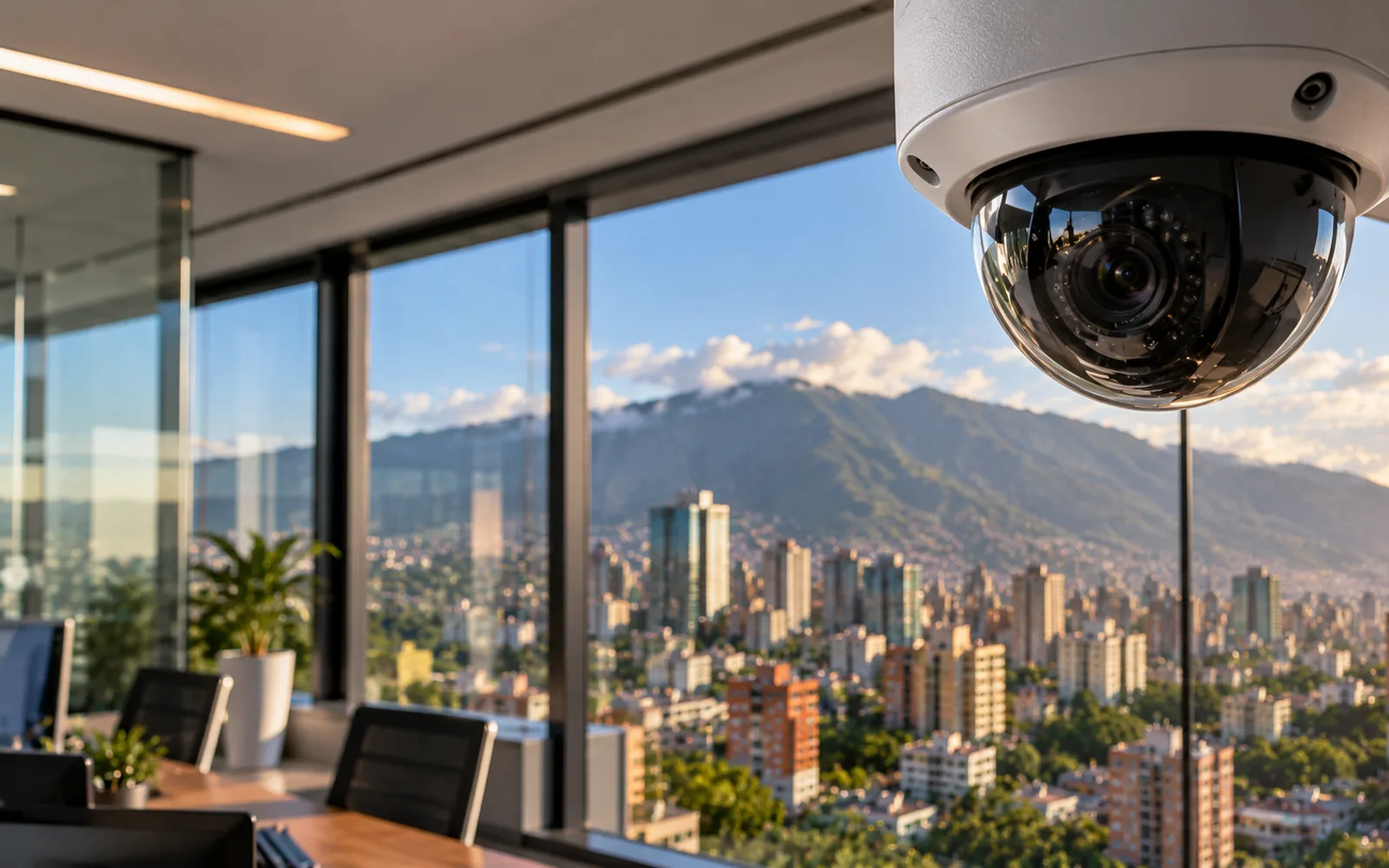 Cámara de videovigilancia tipo domo en una oficina con vistas a la ciudad