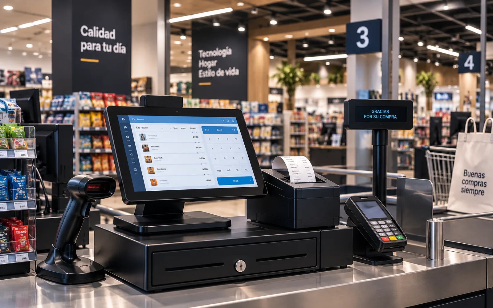 Terminal de punto de venta con pantalla táctil, lector de códigos y datáfono en la caja de una tienda
