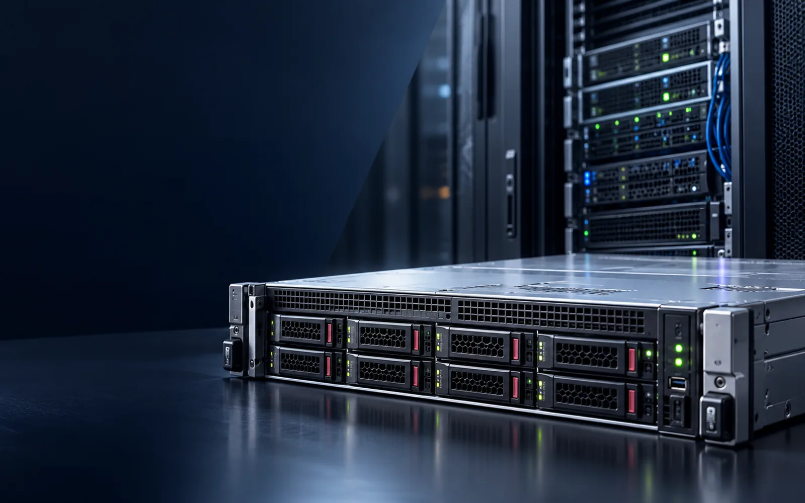 Servidor de rack en primer plano con armarios de servidores al fondo