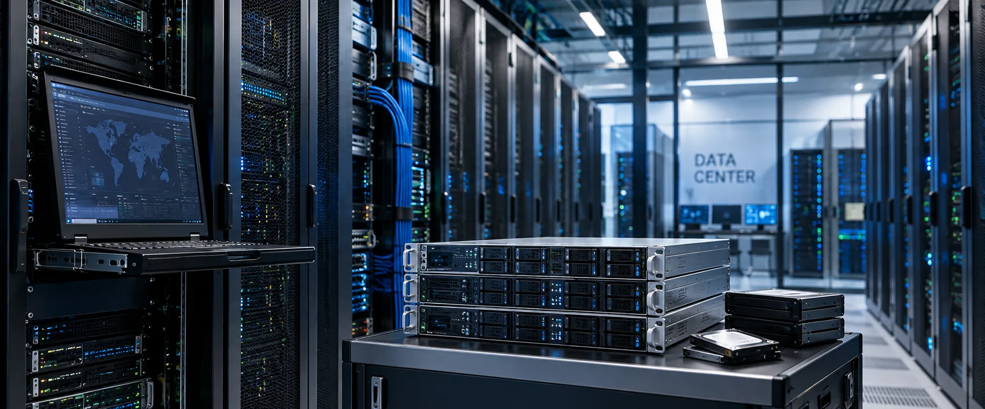 Pasillo de un centro de datos con racks de servidores a ambos lados